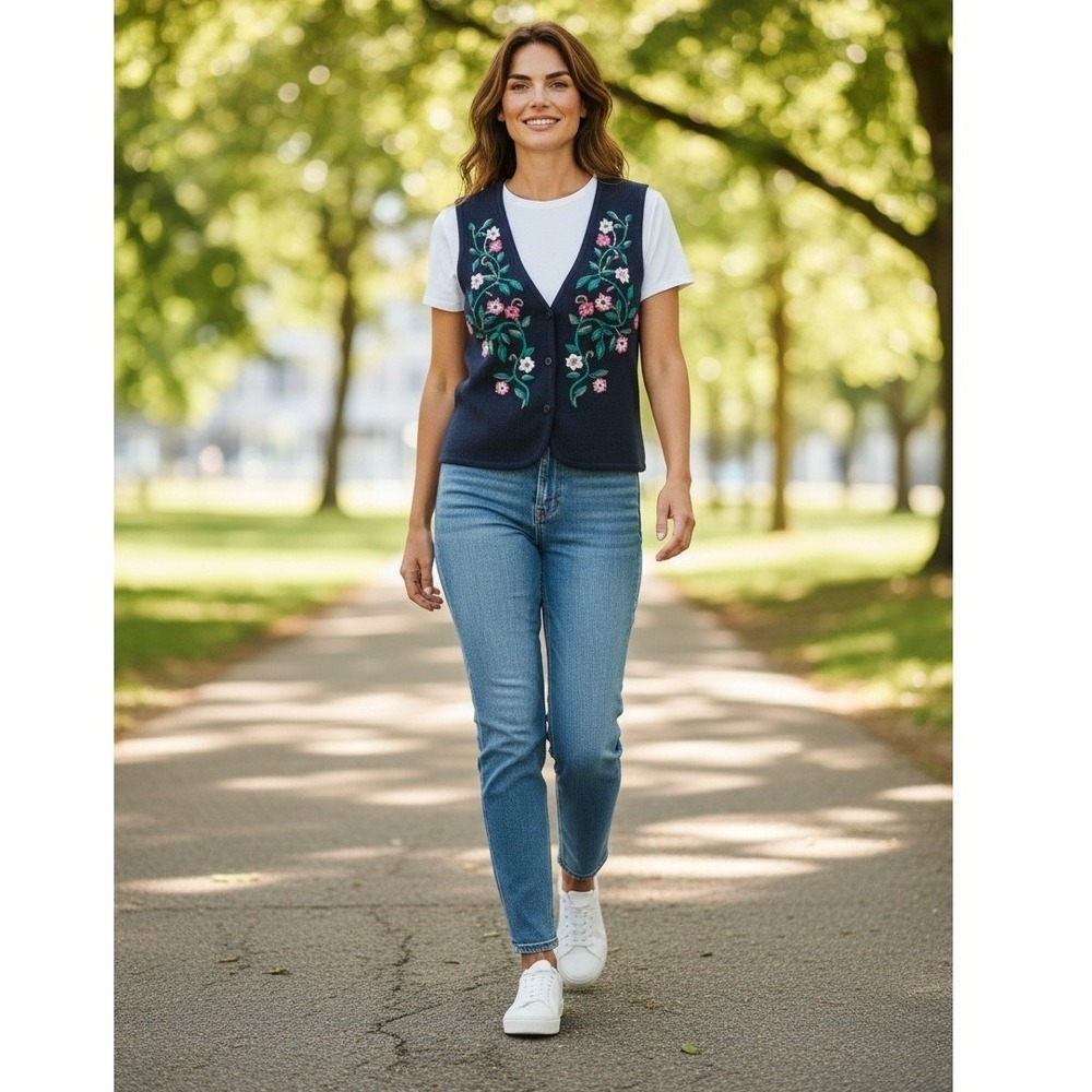 Vintage Segue Navy Blue Floral Embroidered Ramie Cotton Knit Sweater‎ Vest Small